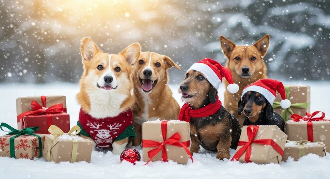 Photo of Festive Dogs in Santa Hats and Presents in Snowfall