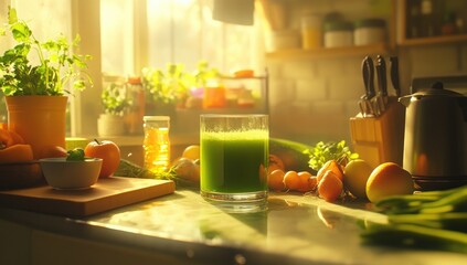 Sunlight streams into a kitchen, illuminating a vibrant green smoothie