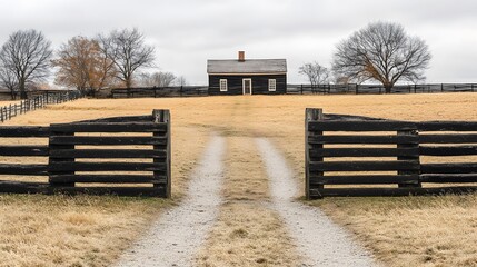 Rustic Cabin on Farmland, Dirt Road, Wooden Fence Gate