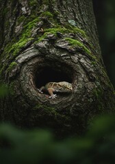 Obraz premium Photo of Gecko in Tree Trunk Hole Covered in Green Moss and Dark Background