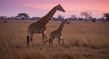 Obraz premium Photo of Giraffe Mother and Baby Silhouette Against a Sunset Sky in Africa
