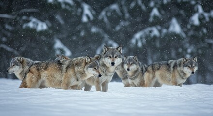 Fototapeta premium Photo of Gray Wolves in Winter Forest Snowfall and Snowy Background