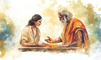 Watercolor guru blessing disciple for Guru Purnima celebration. AI generated illustration.