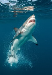 Naklejka premium Photo of Great White Shark Rising From Deep Blue Sea Underwater