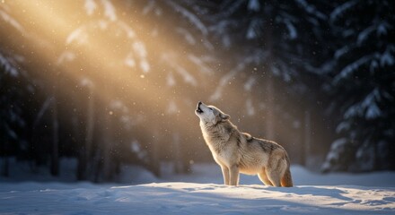 Obraz premium Photo of Howling Wolf in Winter Snowy Forest with Warm Sunlight and Snowfall