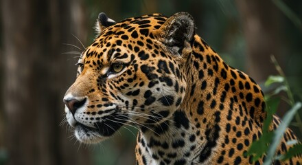 Fototapeta premium Photo of Jaguar Profile With Detailed Fur and Spots Against Green Background