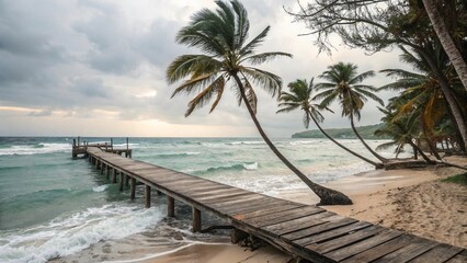 Wooden pier extending into the turquoise ocean with palm trees lining the sandy beach under a dramatic cloudy sky creating a tranquil scene