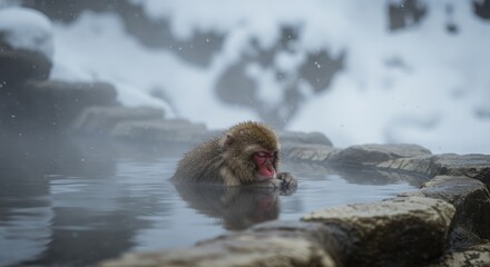 Photo Of Japanese Macaque Bathed In Hot Spring Water In Snowy Winter