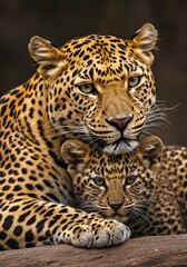 Obraz premium Photo of Leopard Mother and Cub Resting Together with Beautiful Spots and Brown Fur