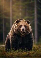 Fototapeta premium Photo of Majestic Brown Bear in Forest with Sunlight and Green Background