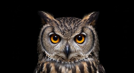 Photo of Owl Close Up With Brown Feathers And Orange Eyes On Black Background