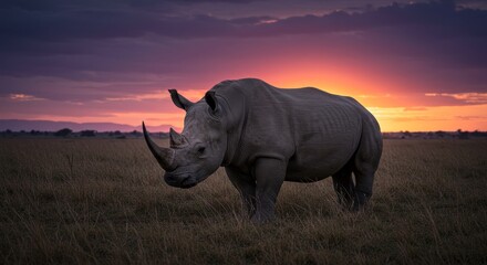 Fototapeta premium Photo of Pixelated Rhino at Sunset in African Savanna Field