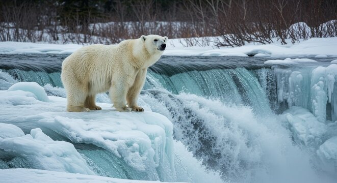 Photo of Polar Bear on Icy Waterfall Edge in Winter Landscape Scene