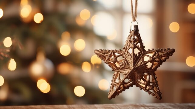 Stella di Natale in legno, dettagli decorativi, luci sfocate sullo sfondo