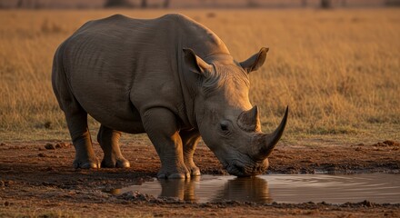 Fototapeta premium Photo of Rhino Drinking at Dusk in Golden Light with African Wildlife Backdrop