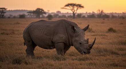 Obraz premium Photo of Rhino Grazing in African Savanna During Sunset with Golden Light