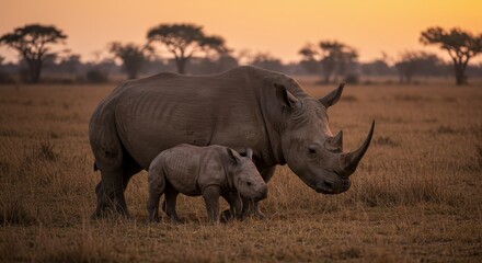 Obraz premium Photo of Rhino Mother And Calf At Sunset In African Savanna