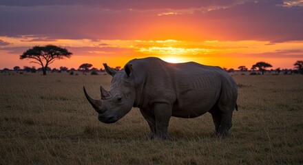 Obraz premium Photo of Rhino Silhouette at Sunset Orange Sky in African Safari