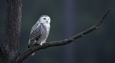 Photo Of Snowy Owl Perched On A Tree Branch In Natural Habitat
