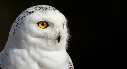 Obraz premium Photo of Snowy Owl Portrait with Yellow Eyes and White Feathers against Black