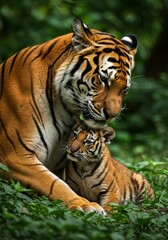Photo of Tiger And Cub In Lush Green Forest With Orange Fur And Stripes