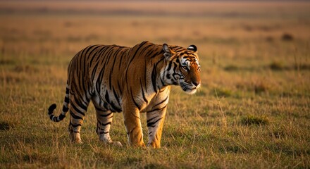 Naklejka premium Photo of Tiger Standing in Field with Sunlight and Grass Texture