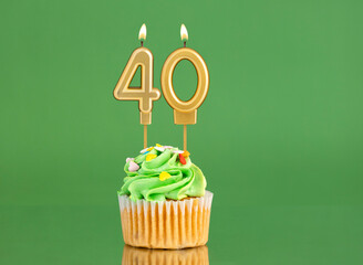 Number 40 birthday candle - Cupcake on a green background