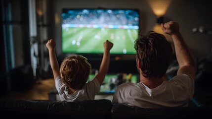 Enthusiastic Father and Son Watching a Thrilling Soccer Match on TV at Home