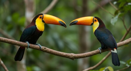 Obraz premium Photo of Two Colorful Toucans Perched on a Branch with Green Foliage Background