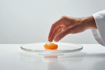 Chef's hand delicately places a vibrant orange egg yolk on a glass plate
