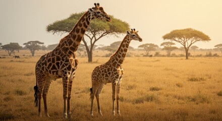 Obraz premium Photo of Two Giraffes Standing in African Savanna at Golden Hour