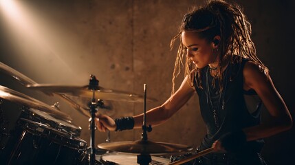 Dynamic Female Drummer with Dreadlocks Powerfully Performing on Stage Under Spotlights
