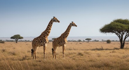 Naklejka premium Photo of Two Giraffes Standing in Savanna Landscape Under Blue Sky