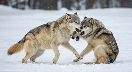 Naklejka premium Photo of Two Grey Wolves Fighting Aggressively in Snowy Winter Environment