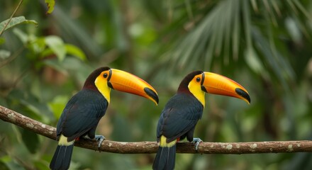 Fototapeta premium Photo of Two Toucans Perched on Branch in Tropical Rainforest Setting