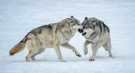 Naklejka premium Photo Of Two Wolves Fighting In The Snow Illustrating Aggression and Winter