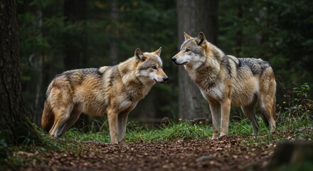 Obraz premium Photo of Two Wolves in Natural Habitat with Forest Background