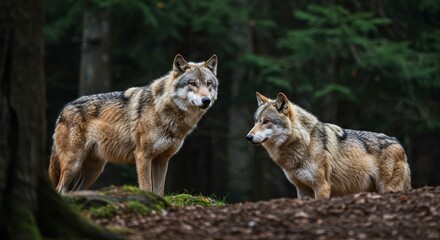 Fototapeta premium Photo Of Two Wolves Standing In Forest With Brown And Green Tones