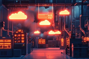 Futuristic server room with glowing orange cloud imagery