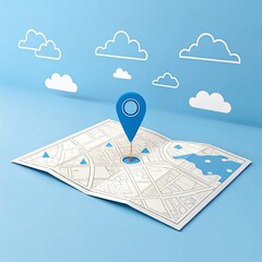 Blue location pin on a map with white cloud drawings against a light blue background indicating travel and navigation