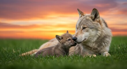 Fototapeta premium Photo of Wolf and Cub in a Field at Sunset with Orange Sky and Green Grass