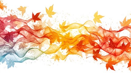 An abstract artistic background showcases colorful flowing lines interwoven with vibrant autumn leaves on a clean white s, creating a seasonal effect.