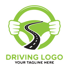 Modern driving school logo design with car and road graphics