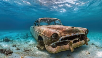 Rusty car submerged in clear turquoise water