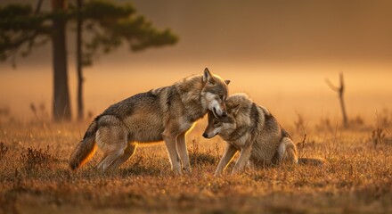 Fototapeta premium Photo Two Wolves Displaying Affection In A Golden Lit Field At Sunset