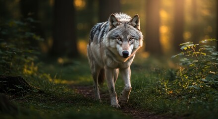 Naklejka premium Photo Wolf Walking Through Sunlight Forest Path With Green Grass and Grey Fur