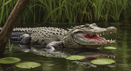 Fototapeta premium Pixel Art Illustration of an Alligator with Open Mouth in a Swampy Environment