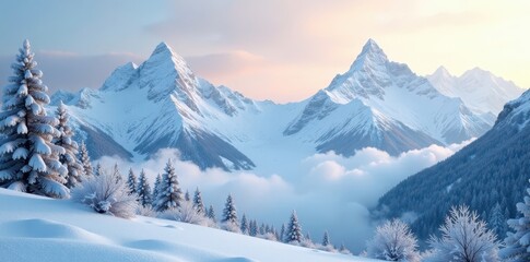 Obraz premium Snowy mountain peaks, ethereal fog, frosted branches, frost, winter wonderland