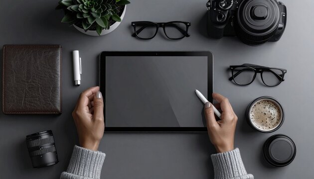 Mujer Joven Escribiendo en Tableta Digital con Pantalla en Blanco sobre Superficie de Madera

