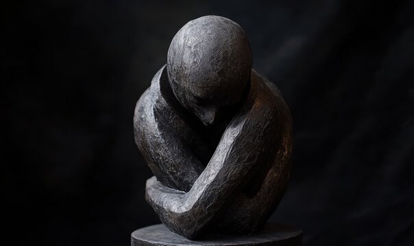 Scultura astratta in pietra grigia, posa introspettiva